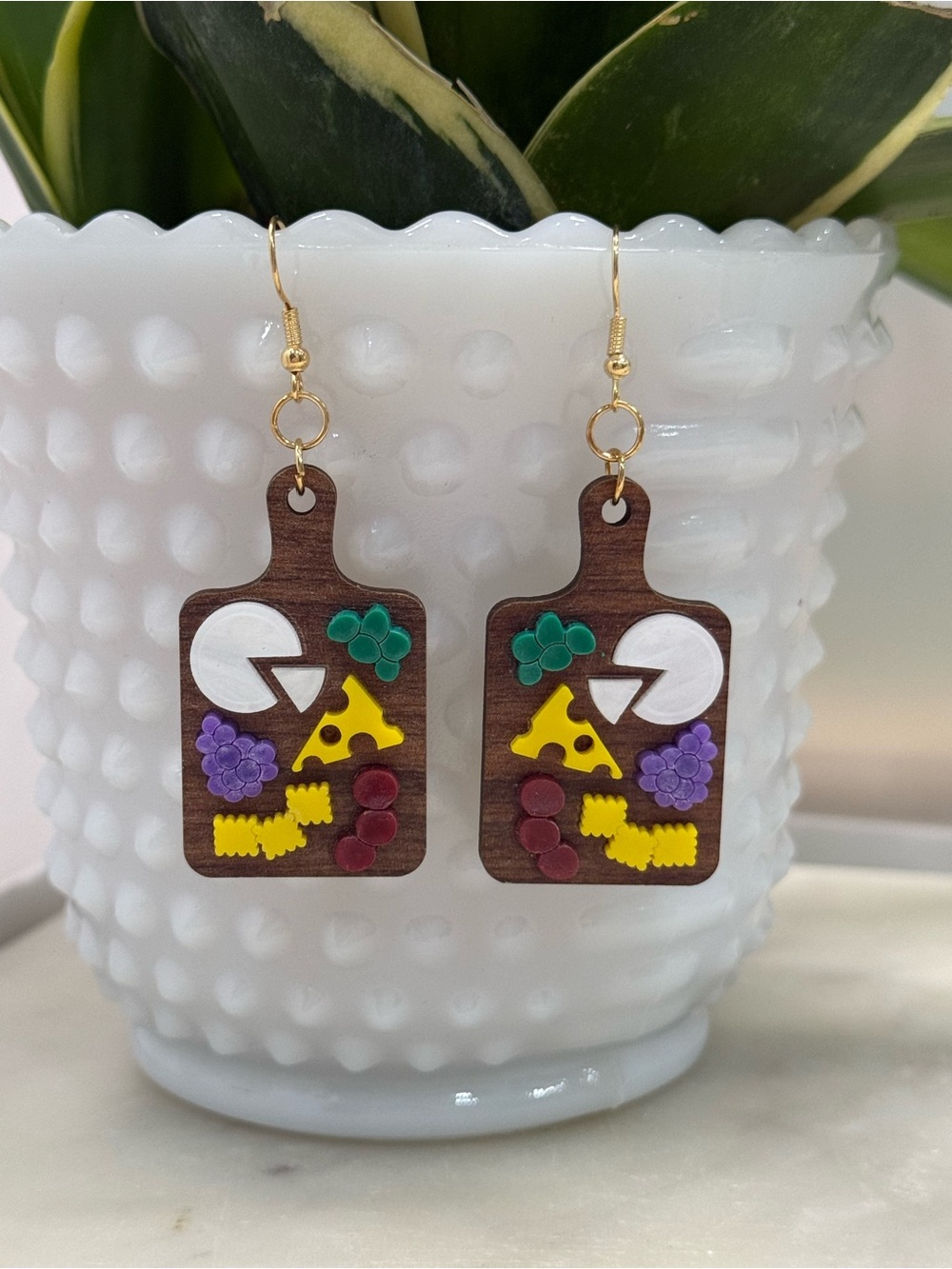 Handmade Brown Charcuterie Board Earrings with Colorful Accents